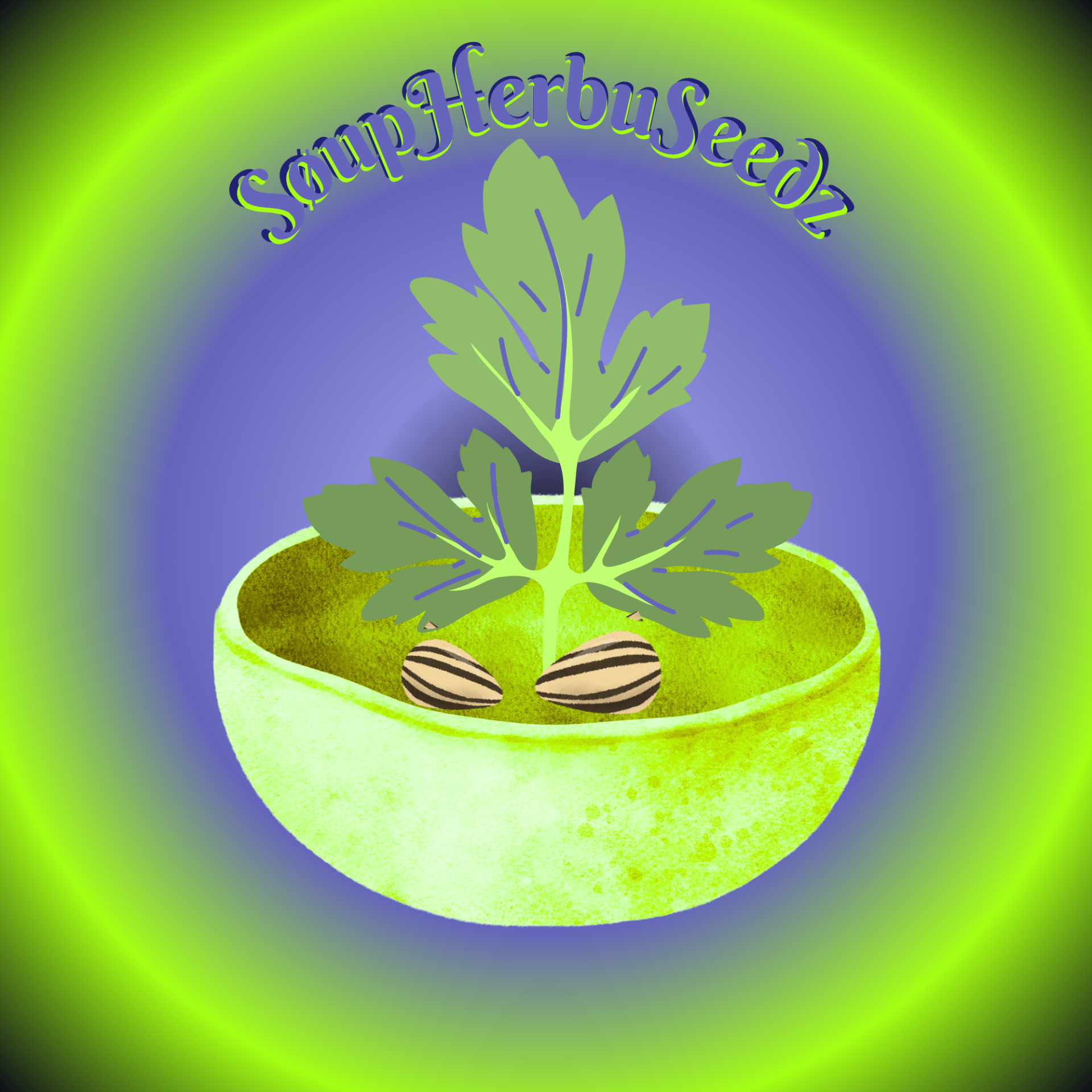 SøupHerbuSeedz logo — herb sprout in a bowl with seeds